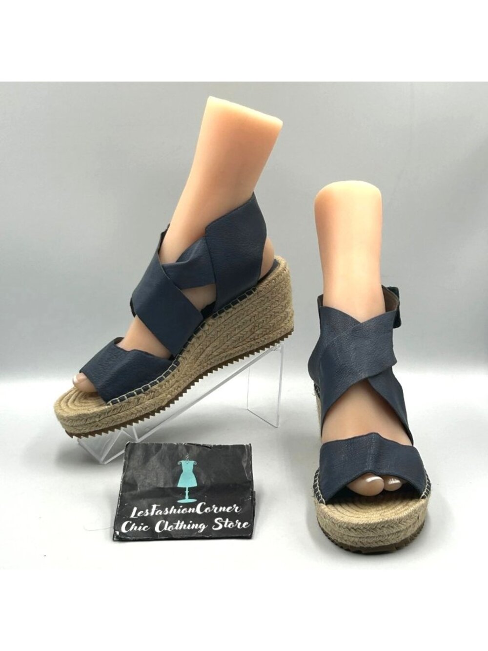 Eileen Fisher Navy Blue Willow Leather Espadrille Wedge Sandals Size 9 3565